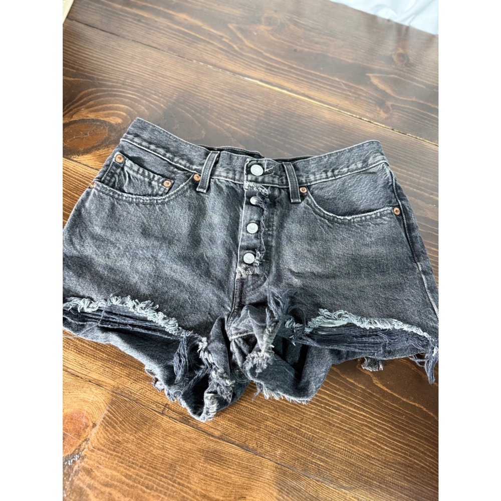 Levis 501 Original Button Fly High Waisted Distressed Black Denim Short 26 Women